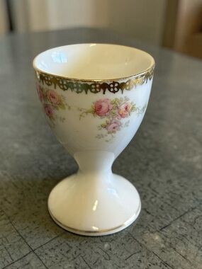 Vintage Porcelain Footed Egg Cup - Pink Rose Swag & Gold Lace Rim